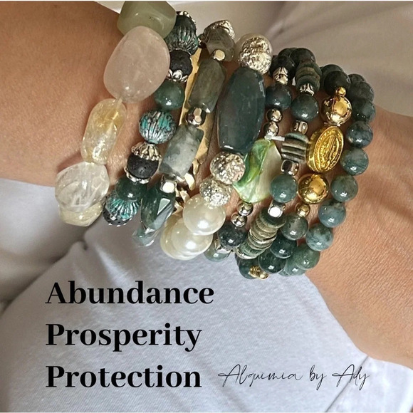 Moss agate beaded bracelet prosperity for Gemini ♊️ Biwa pearl - Picture 2 of 4